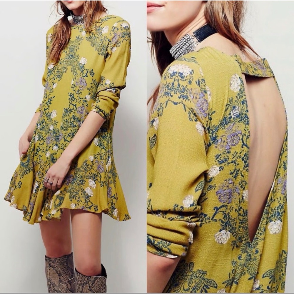 Free People Smooth Talker Boho Mini Dress Yellow Floral Open Back XS with pocket